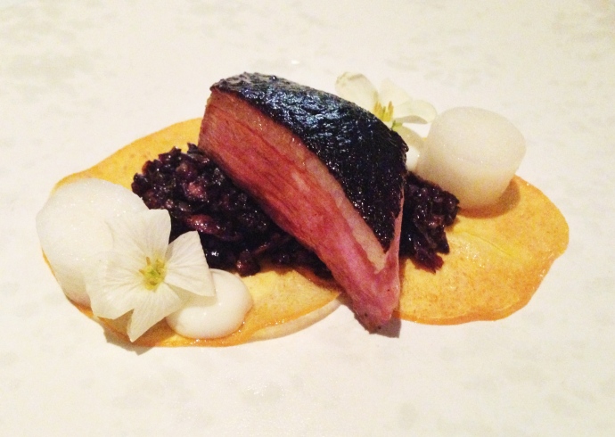 Roasted masterstock duck, persimmon, black rice, miso, endive cream, kailan blossoms